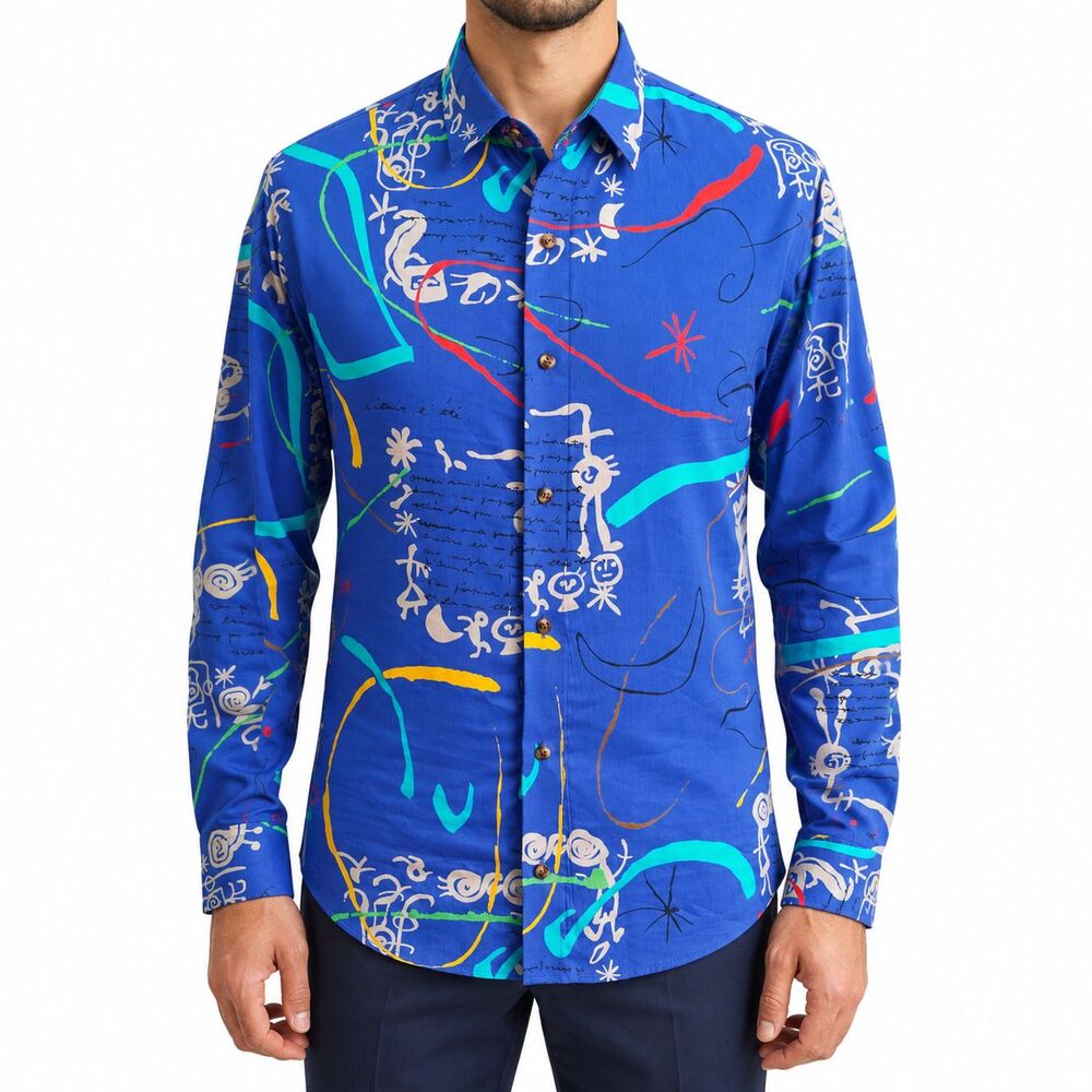 Mens Large Blue Abstract Multicolor Cotton Long Sleeve Button Up Dress Shirt NWT